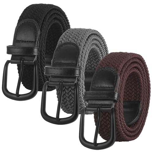 Huiguli 3 Stück Elastischer Gürtel Herren, Dehnbarer Flechtgürtel mit Metallschnalle, Stoffgürtel Ohne Löcher für Damen und Herren, 3.5 * 110cm Schwarz Braun und Grau