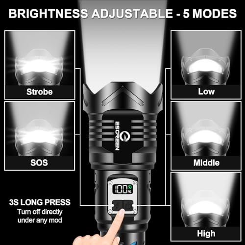 Image of Super Bright Flashlight High Lumens 100000 Rechargeable, Strong 50W LED, Big 8.54 inch Length, Adjustable 5-Mode, Dual Buttons, Long Lasting 15H, Quick USB C Charge, LCD Display & Output, for Hiking Home