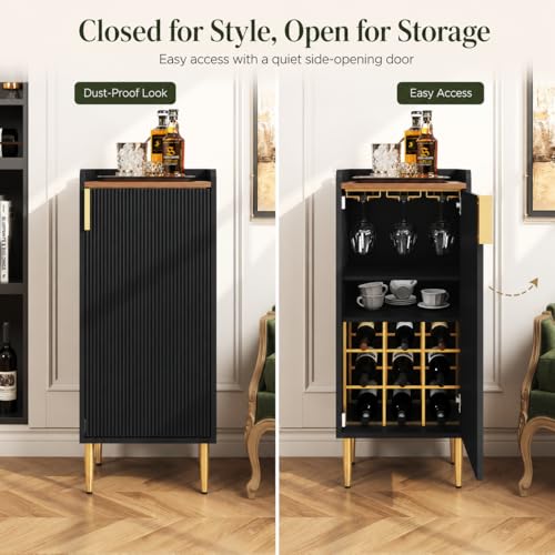 Image of ARTPOWER Mini Bar Cabinet for Apartment, Fluted Wine Bar Cart with Wine Racks & Wine Glass Holder, Modern Corner Liquor Cabinet for Living Room, Dining Room, Kitchen(Black)