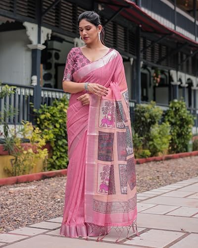 Image of Kaugalian store Linen Cotton Floral Printed Saree for Women with Unstitched Blouse Piece | 5.5 M Saree & 0.8 M Blouse