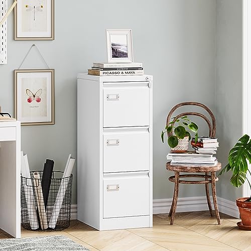 Image of MIIIKO 3 Drawer File Cabinet, White Vertical Filing Cabinets with Lock, Home Office File Folders Storage Cabinet for Letter Legal A4 File Size