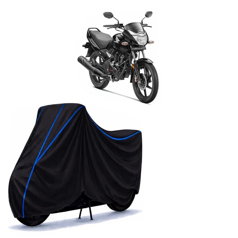 Image of Unicorn 160 BS6 Bike Cover Water Resistant Universal Motorcycle Rain | Heavy Duty UV Protection, Dust, Scratch Indoor Outdoor All Weather with Black Blue Piping Elastic