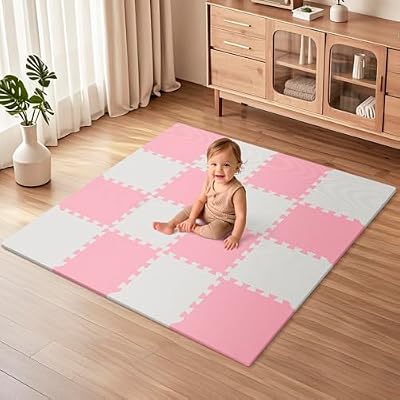 16Pcs Baby Play Mat for Floor, Foam Floor Tiles for Kids with Interlocking, Squares Foam Puzzle Carpet for Playroom, Crawling Rug for Babies 6-12 Months,Toddlers,11.8*11.8*0.6In Each,Grey White Pink