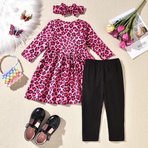 Image of fioukiay Toddler Girls Fall Clothes Set Little Girls Pink Leopard Tunic Tops Leggings Outfit Boutique Clothing(Pink, 2T)