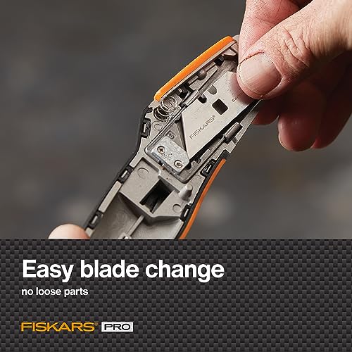 Image of Fiskars Pro Retractable Utility Knife, Heavy Duty Box Cutter with CarbonMax Long-lasting Snap Blade, and Easy Hinge Open with Quick Blade Change and Storage, Orange /Black