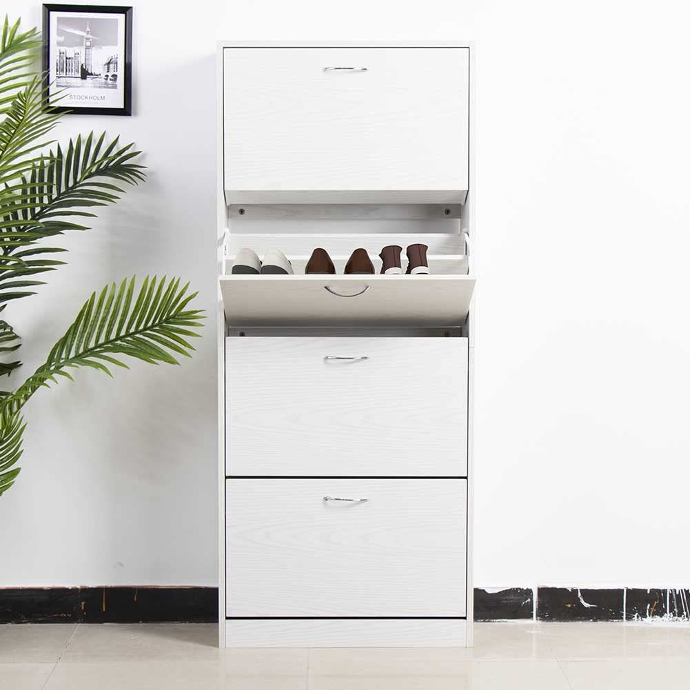 BAKAJI Scarpiera Portascarpe in Legno MDF con 4 Ante Porta Scarpe a Ribalta Maniglie in Metallo Doppia Profondità Dimensioni Compatte Slim 63 x 24 x 150 cm Ingresso Casa (Bianco Frassinato)