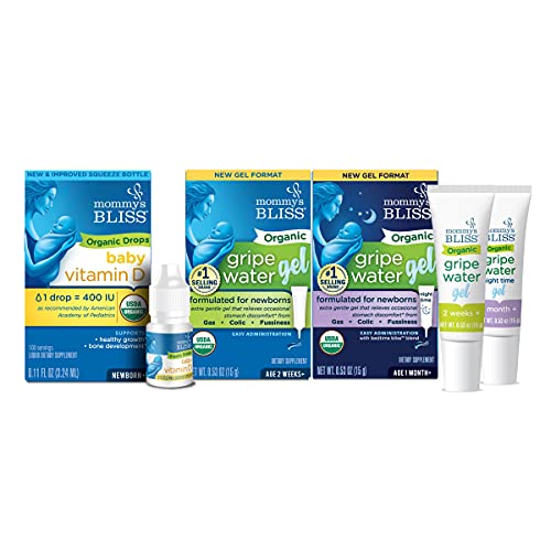 Image of Mommy's Bliss Organic Baby Vitamin D Drops 100 Servings (Pack of 1) with Organic Gripe Water Original and Night Time Gels 45 Servings Each (Pack of 1-Day/1-Night)