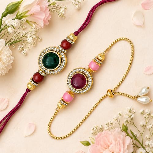 Image of Riddhika Ventures Alluring Gold Plated Bhaiya, Bhabhi Rakhi Gifts (Set of 2) Bhabhi with Roli Chawal, Greeting Card