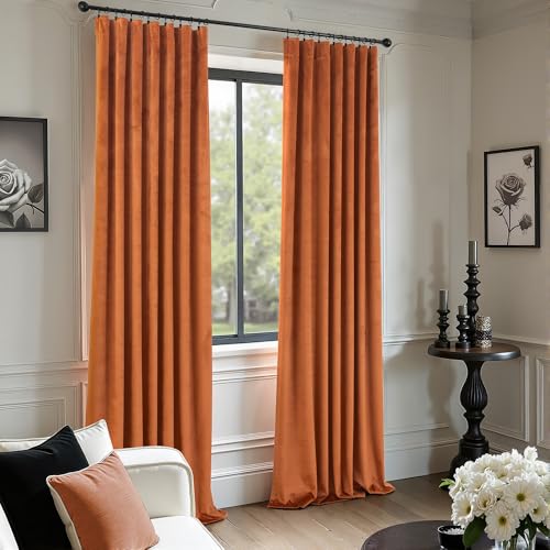 Image of Burnt Orange Velvet Curtains 96 Inches Long for Bedroom 2 Panels Back Tab Luxury Textured Light Blocking Soundproof Autumn Drapes Rust Terracotta Living Room Darkening Curtains Boho Modern Farmhouse