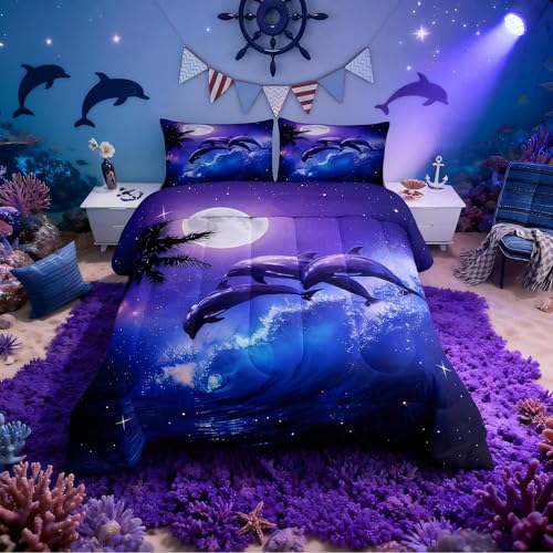 Castle Fairy Dolphin Comforter Set Twin Size,Ocean Waves Duvet Insert for Kid Teen Boys...
