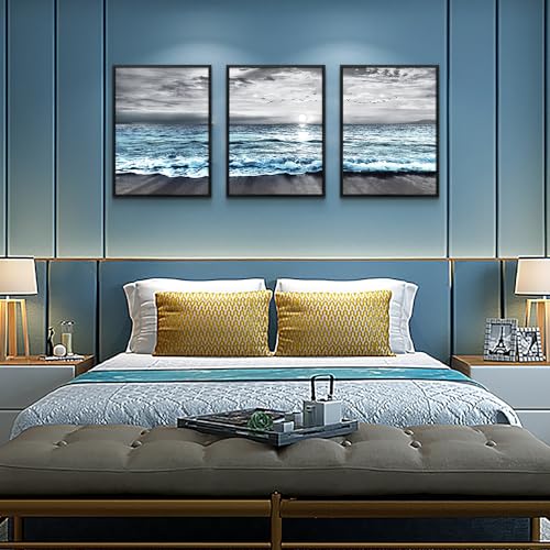 Black Framed Wall Decorations For Living Room Large size 3 Piece Framed Canvas Wall Art Black And White Wall Painting Blue Ocean Sea Wave Pictures Artwork For Modern Beach Posters Home Decor