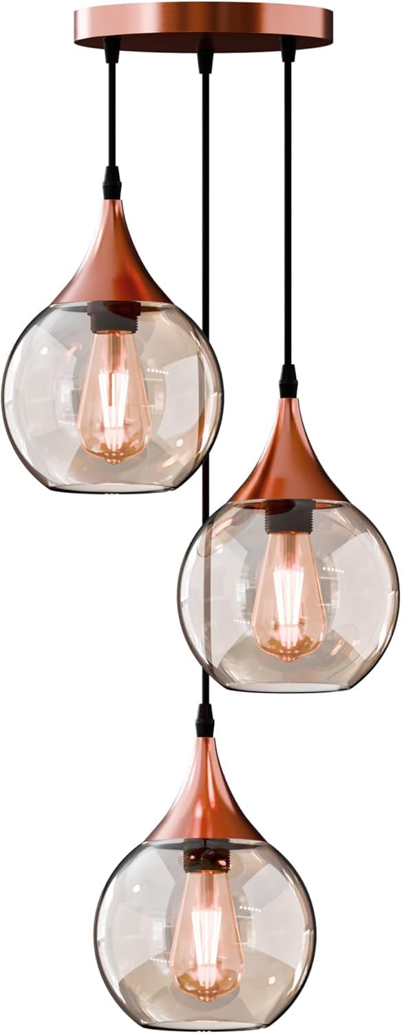 LEDSone Vintage 3 Head Pendant Light Glass Height Adjustable E27 Base Retro Industrial Globe Glass Ball Light Shade Ceiling Light Fitting Coffee Shop Bar Kitchen (Copper, with Bulb)