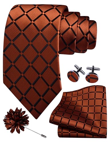 Image of GUSLESON 3.15 inch(8cm) Mens Tie and Lapel Pin Plaid Checkered Necktie Hankerchief Cufflinks Set for Men