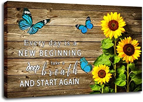 WHAOMIOT Sunflower Blue Butterfly Inspirational Quotes ''Every Day Is A Beginning'' Canvas Poster, 24x16 Inch Frame Ready To Hang Office Bathrooms Bedroom Living Room Wall Art Pictures Décor