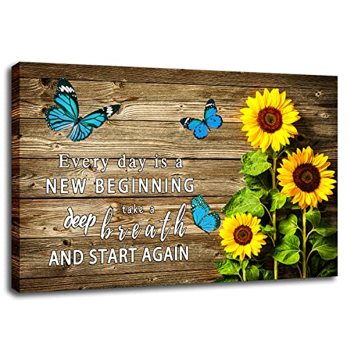Whaomiot Sunflower Blue Butterfly Inspirational Quotes ''Every Day Is A Beginning'' Canvas Poster, 24X16 Inch Frame Ready To Hang Office Bathrooms Bedroom Living Room Wall Art Pictures Décor #TOP15