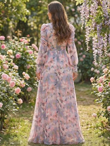Image of TOLEEN Summer Casual Dresses for Women 2024 Spring Fashion Boho V Neck Long Sleeve Ruffle Floral Print Elegant Maxi Dress