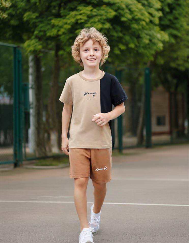 Image of Ayzozuy Boy Clothes Colorblock Top + Drawstring Waist Shorts 2 Pieces Kid Summer Outfits Set