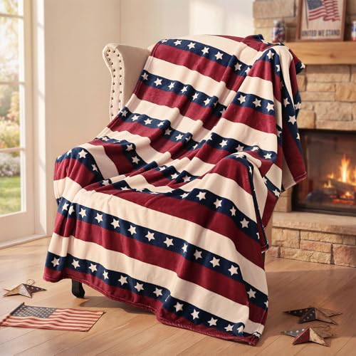 Patriotic Throw Blanket 4th of July Farmhouse Home Decor Soft Cozy Red White Blue American Flag Flannel Star Blanket for Couch Sofa Memorial Day Independence Day Gift 50x60 Inches