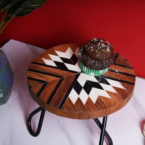 Image of CASA Decor Tribal Souk Wood & Metal Pizza Pastry Cake Stand Pack of 1 (Brown, Diameter-8 Inch)