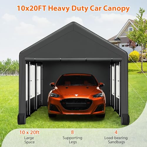 Image of 10'x20' Heavy-Duty Canopy Carport, Waterproof & UV-Resistant Garage Tent with 4 Load-Bearing Sandbags, Roll-Up Mesh Windows for Cars, Boats, and Outdoor Equipment
