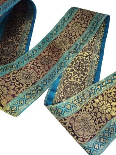 Image of Brocade Ethnic Work 9 Meter Laces and Borders Material for Dresses, Sarees, Lehenga, Suits, Blouses, Dupatta, chunri and Crafts (Turquoise x Black)