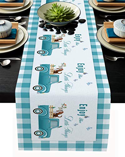 Teal Green Table Runner, 13 X 70 Inch Farm Truck Carrying Dog Flower Turquoise White Buffalo Plaid Table Runner For Holiday Family Dinner, Farmhouse, Indoor Or Outdoor Parties(Cotton-Polyester Blend) #TOP1