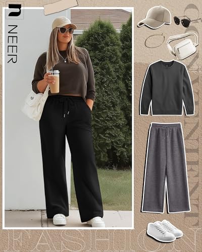 Neer 3 Pack Women's Plus Size Sweatpants Wide Leg Cargo Lounge Pants High Waist Ladies' Slacks Drawstring Jogger with Pockets4
