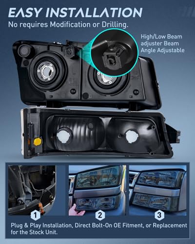 Image of Nilight Headlight Assembly for 2003 2004 2005 2006 Chevy Silverado Avalanche 1500 1500HD 2500 2500HD 3500 Chevrolet Pickup Replacement Headlamp Housing Bumper Lamp Set