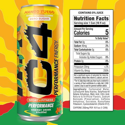 Image of C4 Performance Energy Drink, Mango Fuego, Zero Sugar Carbonated Preworkout Energy, 200mg Caffeine with Beta Alanine, 16 Fl Oz (12 Pack)