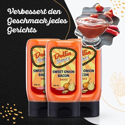 Dollie Sauce Sweet Onion Bacon, Holländische Sauce für BBQ, Grillen, Burger, Sandwich, Dip, Cremige Sauce mit süsslichen Zwiebeln und feinstem gerösteten Bacon Geschmack, 300ml
