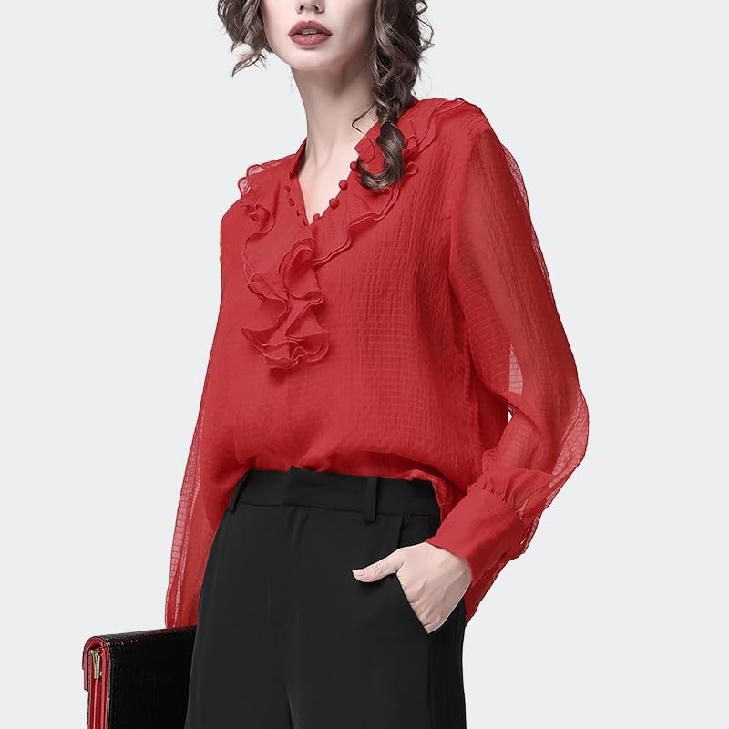 Blusa de Gasa de Manga Larga con Volantes para Mujer, Cuello en V, Color sólido, Cintura Holgada, Camisa Informal de Talla grande Recta para Primavera (En8 XL)
