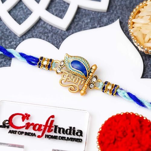 Image of eCraftIndia Krishna Peacock Feather Designer Rakhi for Brother with Gift Combo Set | Raksha Bandhan Rakhi for Bhai Bhaiya | Best Bro Ever Fridge Magnet | Roli Chawal Pack