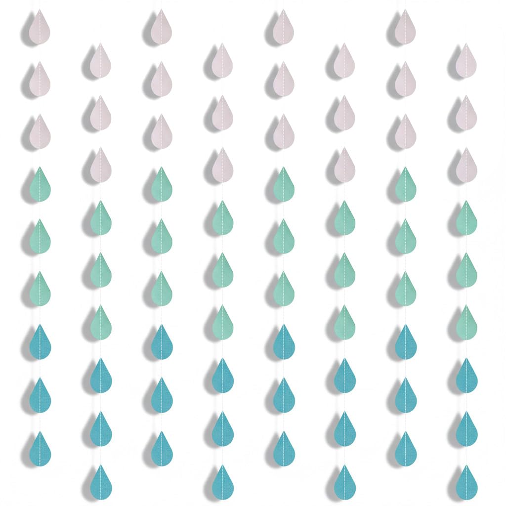 Blue Raindrop Garland for Cloud Theme Party Decorations, Pre-Strung 31.5ft 3D Paper Streamers, 8 Strands Gradient Hanging Backdrop for Baby Boy Shower, Gender Reveal, Nursery Wall Art
