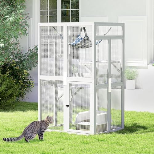 Catio Outdoor Cat Enclosure - Premium Wooden Cat Catio with Window Access & Breathable Mesh, Weatherproof Kitty House for Patio/Backyard/Indoor (White)