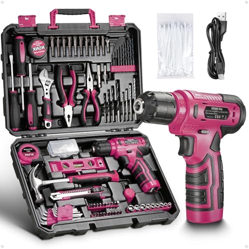 Kit d’outils 233 pièces avec perceuse sans fil, boîte à outils complète pour bricolage à domicile comprenant tournevis, pinces, marteau, accessoires et perceuse