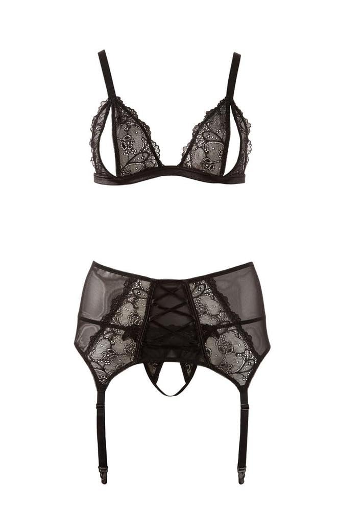 Cottelli Lace Suspender Belt Set Plus Size - Black - 3XL