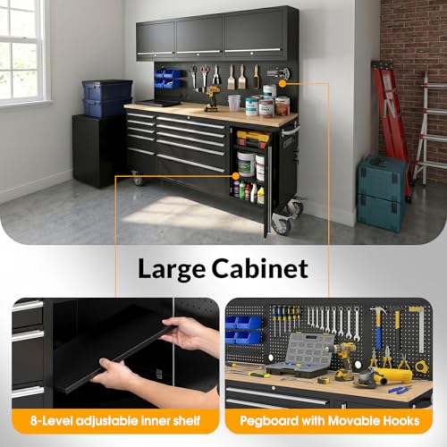 72-Rolling-Tool-Chest-Garage-Cabinets-Workbench-with-10-Storage-Drawers-and-Wheels-3-Upper-Cabinet-Pegboard-Light-Strip-Steel-Large-Tool-Box