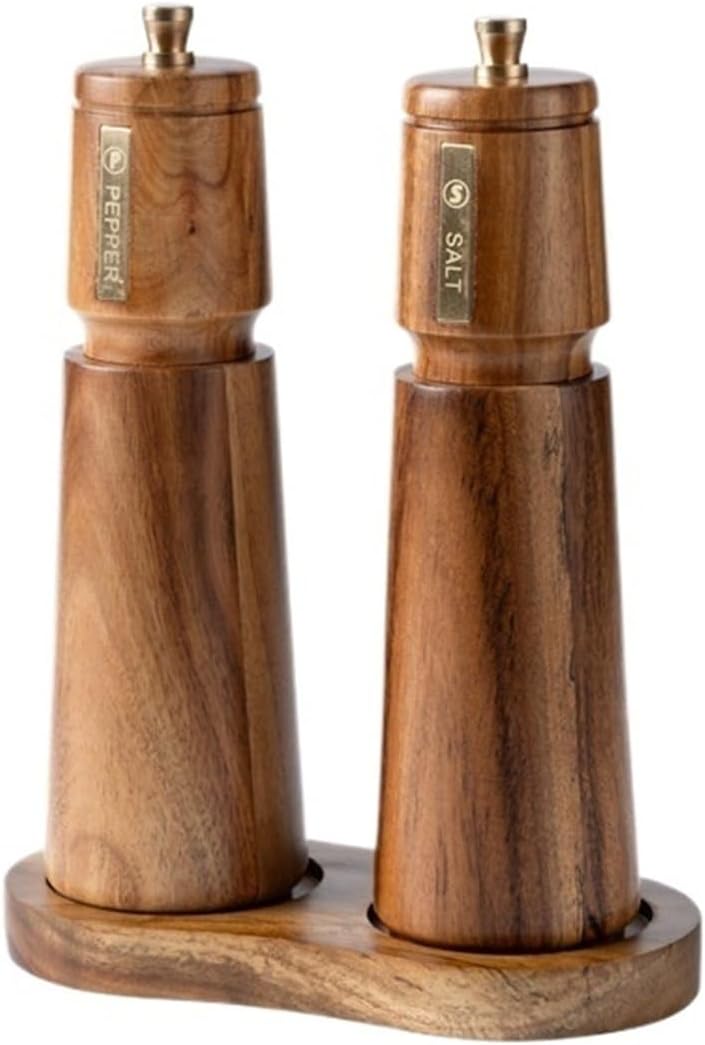 Acacia Solid Wood Pepper Mill Set,Spice Shaker Grinder Manual Black Powder Sea Salt Grinding Bottle With Base(S P With Base)