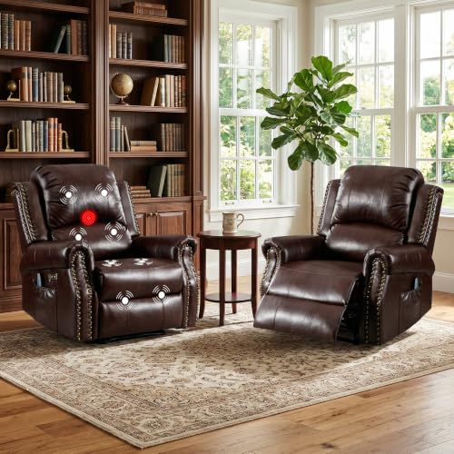 Image of HAOMARKETS Classic Power Recliner Chair Set of 2 with Massage and Heat, Breathable Faux Leather Electric Recliner with USB Port, Overstuffed Reclining Sofa with Rivets for Living Room, Caramel Brown