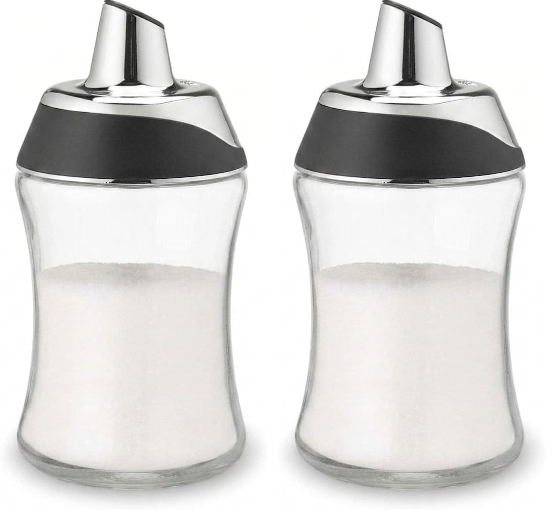 J&amp;M DESIGN Glass Sugar Dispenser with Pour Spout for Coffee Bar, Tea and Kitchen Baking, Auto-Pouring Airtight Lid - 7.5 Oz Container (Pack of 2)
