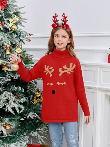 Image of Haloumoning Girls Christmas Sweater Kids Oversized Turtleneck Cute Reindeer Sweaters with Side Slit
