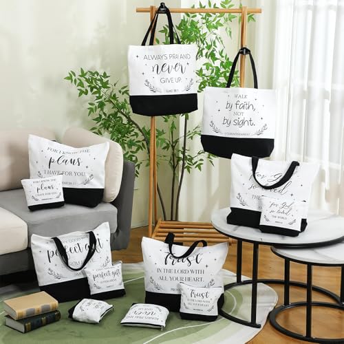 12 Pcs Housekeeping Week Gifts Christian Canvas Tote Bags with Religious Makeup Bags for Women Bulk Reusable Bible Verse Toiletry Pouch Birthday Travel Gift for Women3