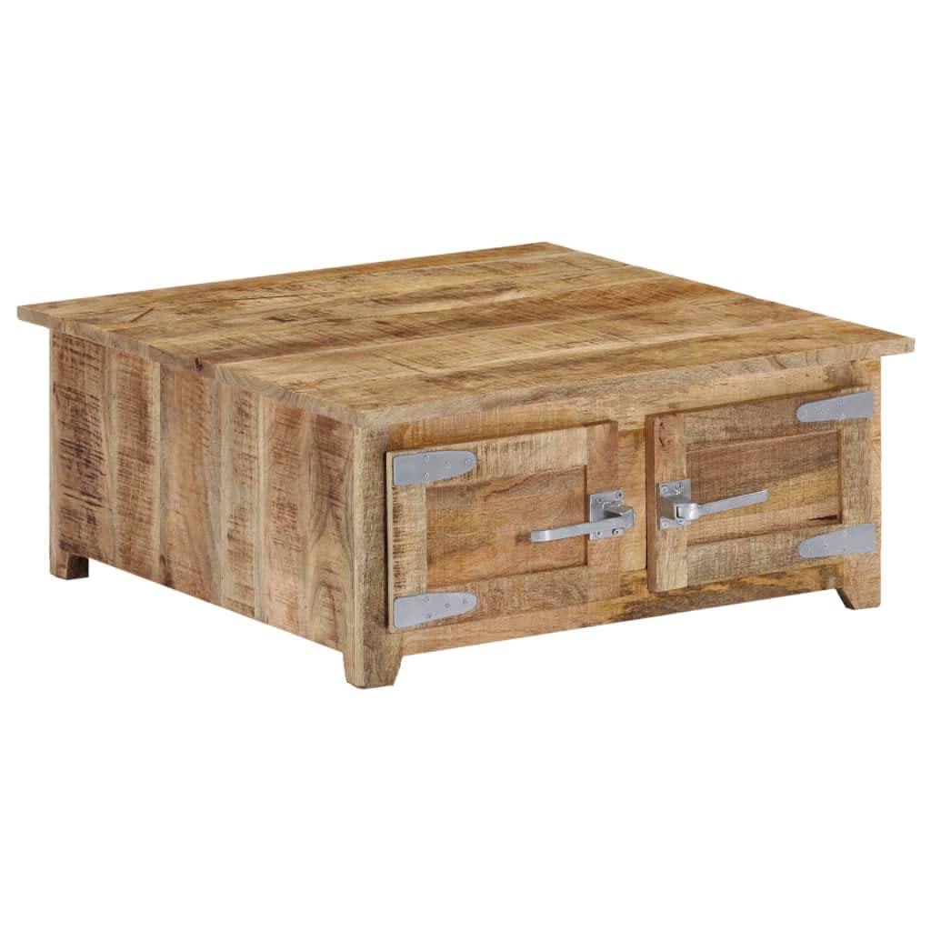 Table basse bois manguier massif 70x70x30 cm avec 2 portes pour salon