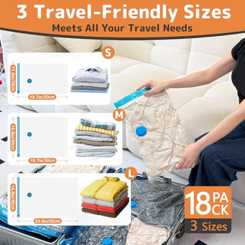 Image of 18 Pack Vacuum Bags for Travel with Rechargeable Air Pump, Carry-On Compression Bags for Luggage and Suitcase, Space Saver Storage for Clothing and Travel Organization