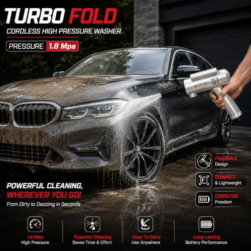 Image of STARQ TurboFold Cordless Pressure Washer Gun 1.8 MPa Portable High Pressure Car Washer with 5 in 1 Rotating Nozzle High Speed Motor 4000mAh Type C Rechargeable Battery for Car Bike Home Cleaning