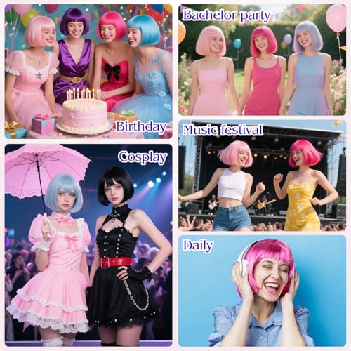 Image of MEEZY Dark Purple Short Bob Wigs Straight Hair with Flat Bangs Heart Sunglasses for Women, Colorful Funny Cosplay Party Neon Wig Synthetic Natural As Real Carnival Halloween Costume Party Favors