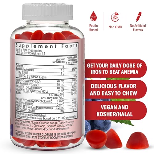 Iron Gummies: New Formula 20 mg Iron per Serving Plus Vitamin C, Zinc, B Complex. Iron Gummies for Women and Men. Anemia Supplement for Fatigue, Prenatal Pregnancy- Vegan, Kosher- 90 Ct