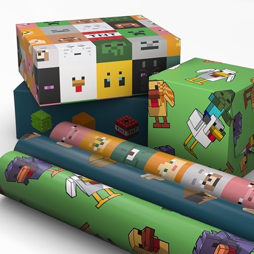 Hallmark Minecraft Wrapping Paper Mini Rolls 3-Pack (Zombie Chicken TNT Pig) for Birthdays Graduations Christmas Gamers Kids Parties Any Occasion - 45 Sq. Ft. Total