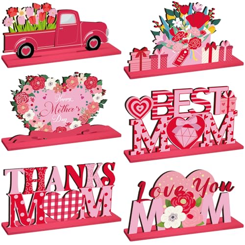 Suzile 6 Pcs Mother's Day Table Wooden Decorations Happy Mother's Day Tabletop Centerpiece Thanks Mom Detachable Letter Sign Decor for Mom Birthday Holiday Gift Photo Props Party(Flower,Pink Series)