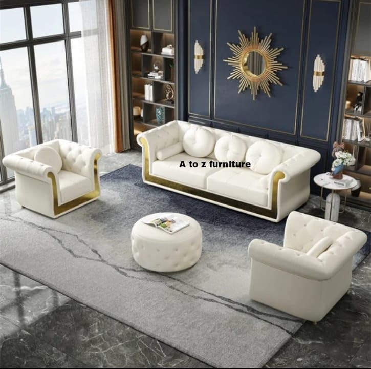 Image of A to Z Furniture Classic Chesterfield Sofa Set Luxury Chesterfield Sofa in for Home Living Room & Office (White)